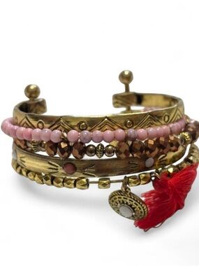 Bohemian Multi-Layer Gold Tone Cuff Bracelet | Pink Red Tassel Statement